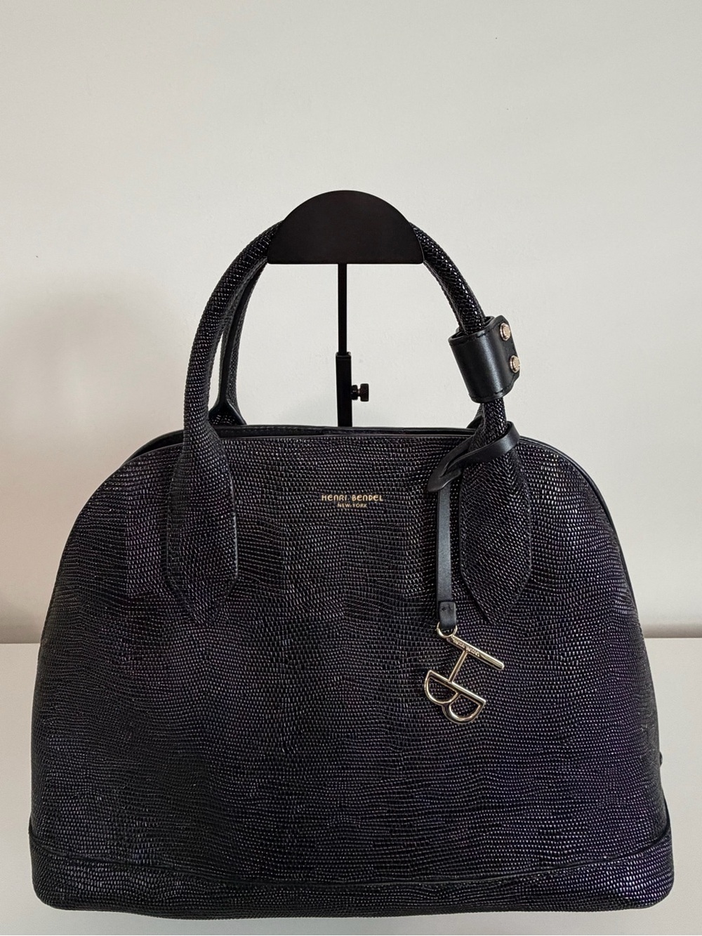 Henri Bendel Shiny Lizard Black Dome Satchel with Gold Accent Charm